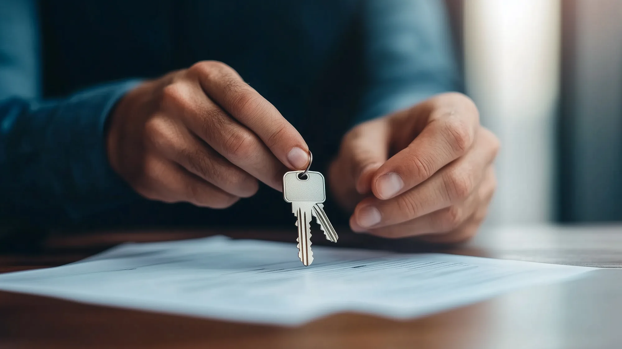 Hand die een sleutel overhandigt boven een document